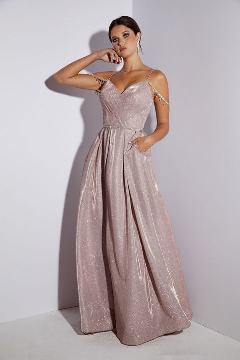 Eureka 9800 metallic cold shoulder a-line slit gown — ROSEGOLD