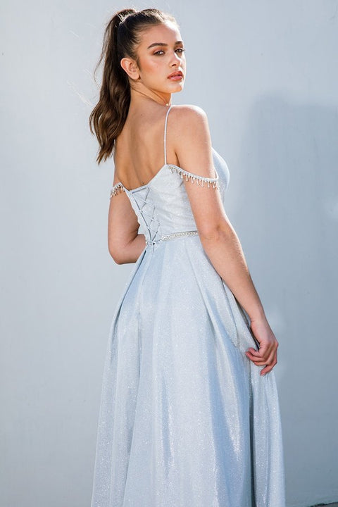 Eureka 9800 metallic cold shoulder a-line slit gown — SILVER3