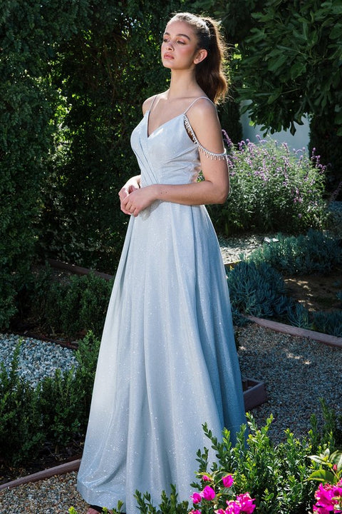 Eureka 9800 metallic cold shoulder a-line slit gown — SILVER