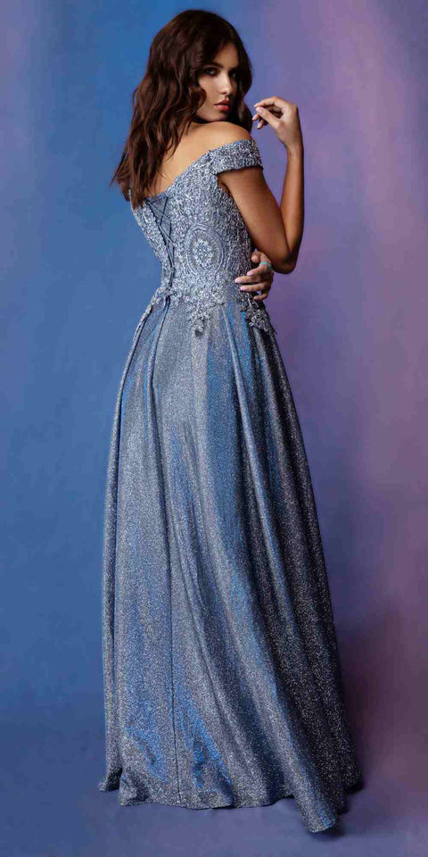 Eureka 9806 applique off shoulder glitter gown — PeriBlue 1