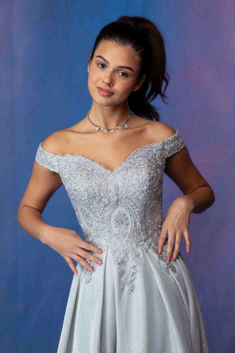 Eureka 9806 applique off shoulder glitter gown — Silver 1