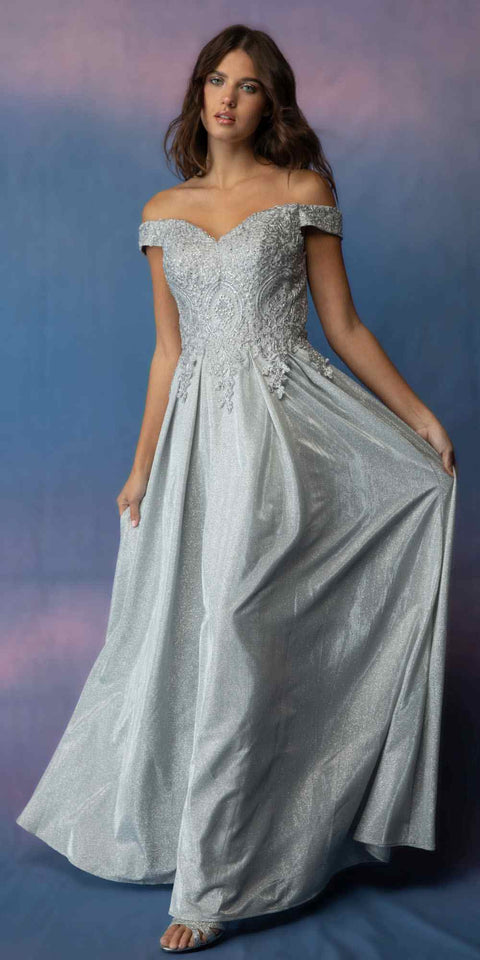 Eureka 9806 applique off shoulder glitter gown — Silver 4