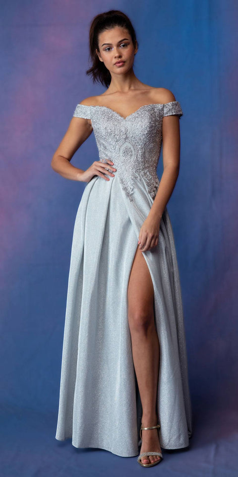 Eureka 9806 applique off shoulder glitter gown — Silver 6