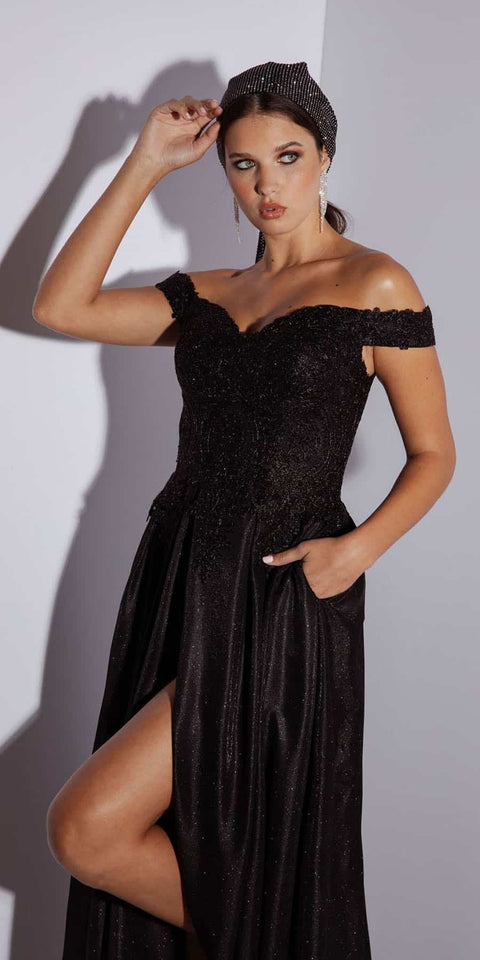 Eureka 9806 applique off shoulder glitter gown — black