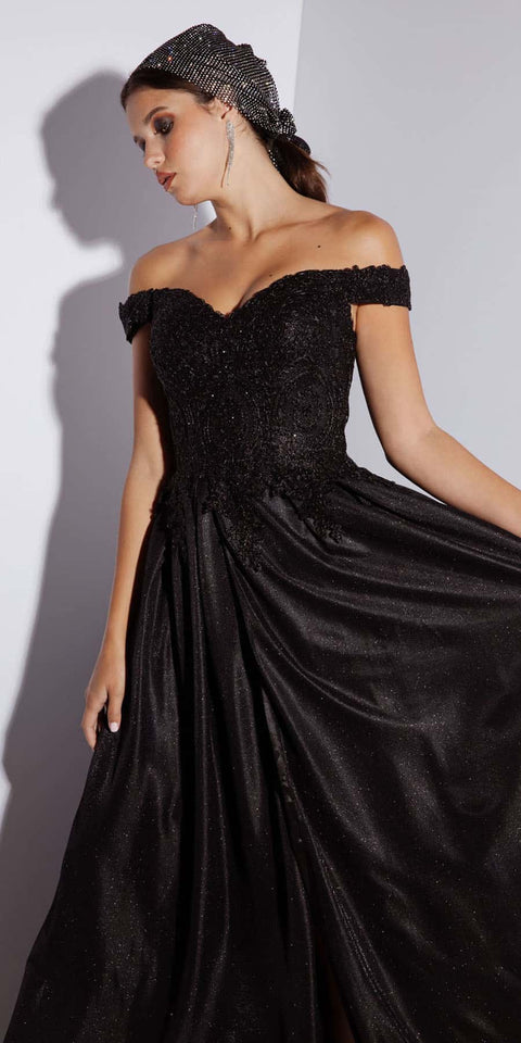 Eureka 9806 applique off shoulder glitter gown — black side