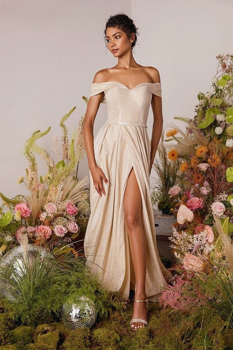 Eureka 9808 metallic off shoulder a-line slit gown — CHAMPAGNE