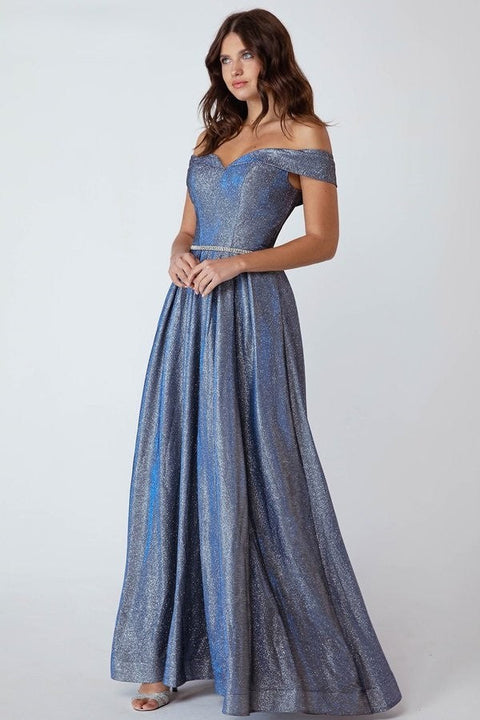 Eureka 9808 metallic off shoulder a-line slit gown — PERIBLUE