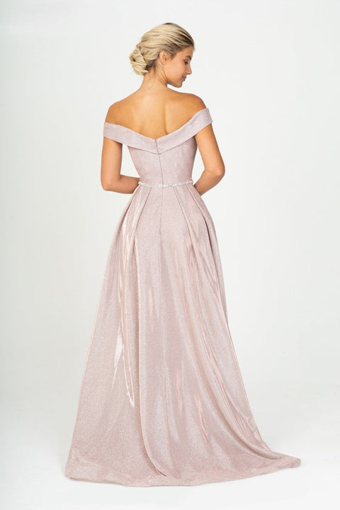 Eureka 9808 metallic off shoulder a-line slit gown — ROSEGOLD2