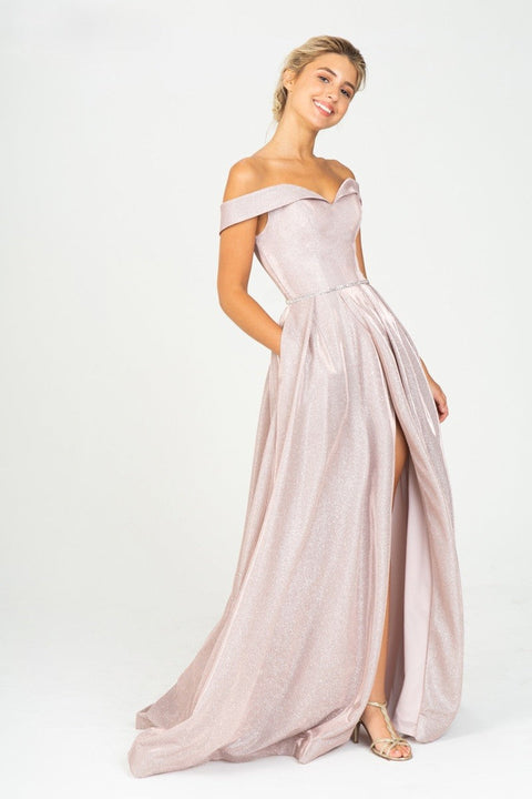 Eureka 9808 metallic off shoulder a-line slit gown — ROSEGOLD