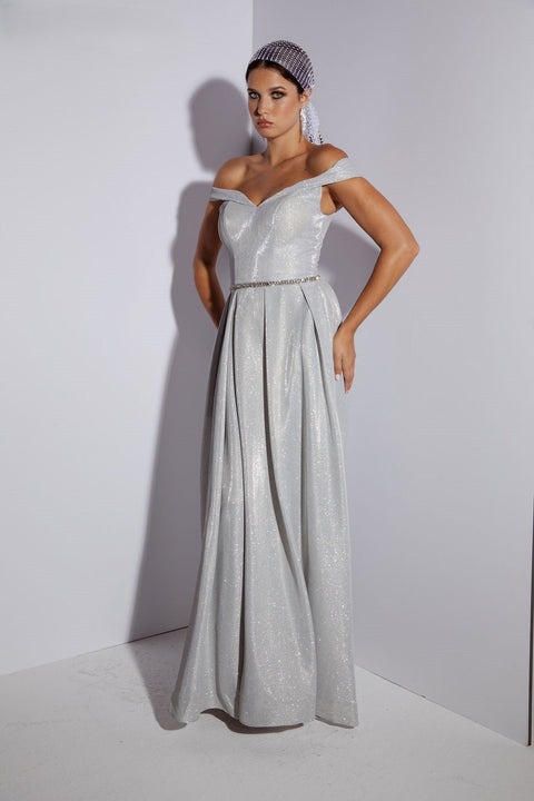 Eureka 9808 metallic off shoulder a-line slit gown — SILVER