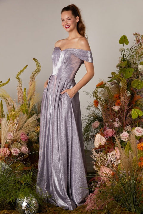 Eureka 9809 metallic off shoulder a-line gown — LAVENDER