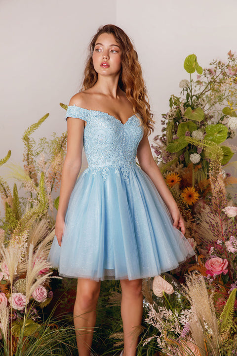 Eureka 9833 applique short off shoulder dress — BAHAMABLUE