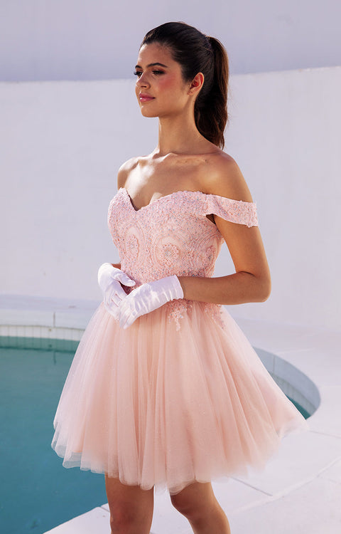 Eureka 9833 applique short off shoulder dress — BLUSH