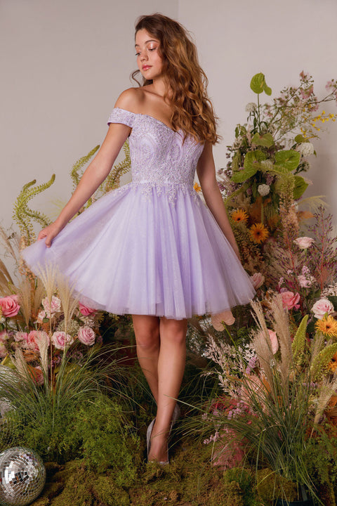 Eureka 9833 applique short off shoulder dress — LILAC