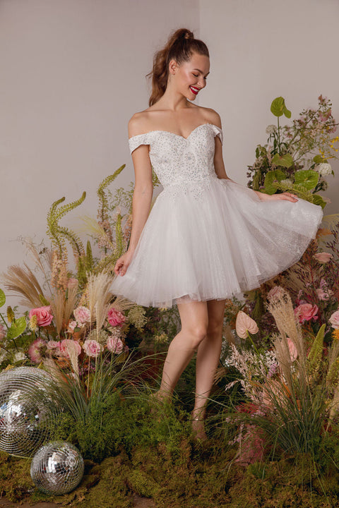 Eureka 9833 applique short off shoulder dress — OFFWHITE