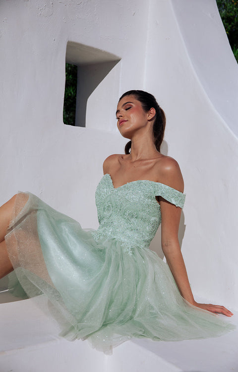 Eureka 9833 applique short off shoulder dress — SAGE