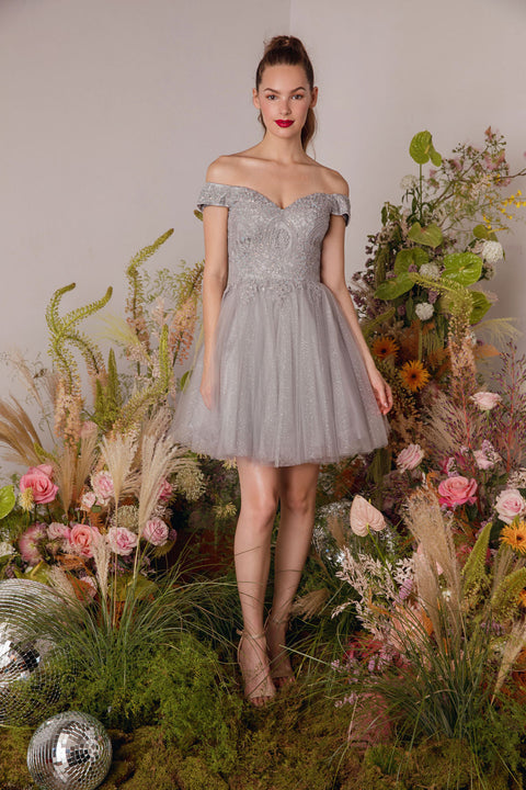 Eureka 9833 applique short off shoulder dress — SILVER