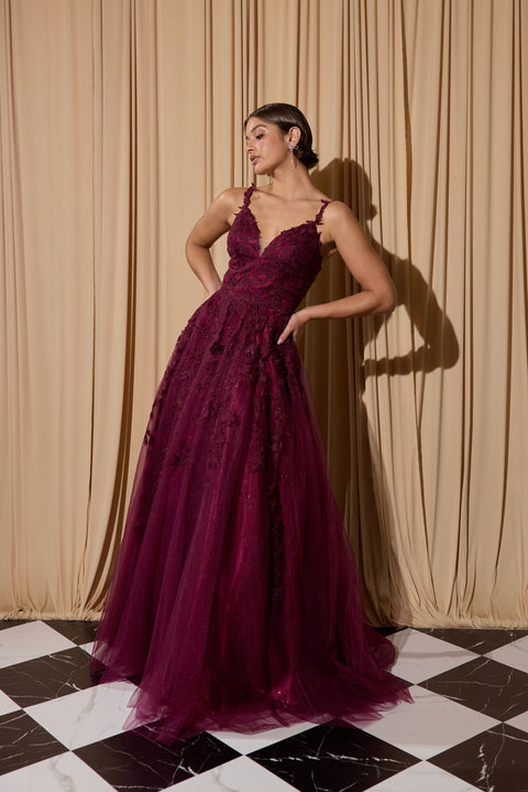 Eureka 9858 applique sleeveless a-line gown — BERRY