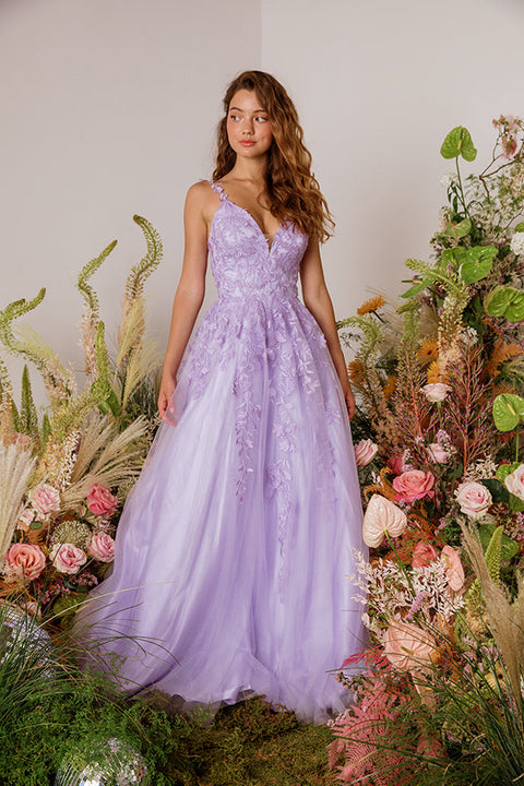 Eureka 9858 applique sleeveless a-line gown — LILAC