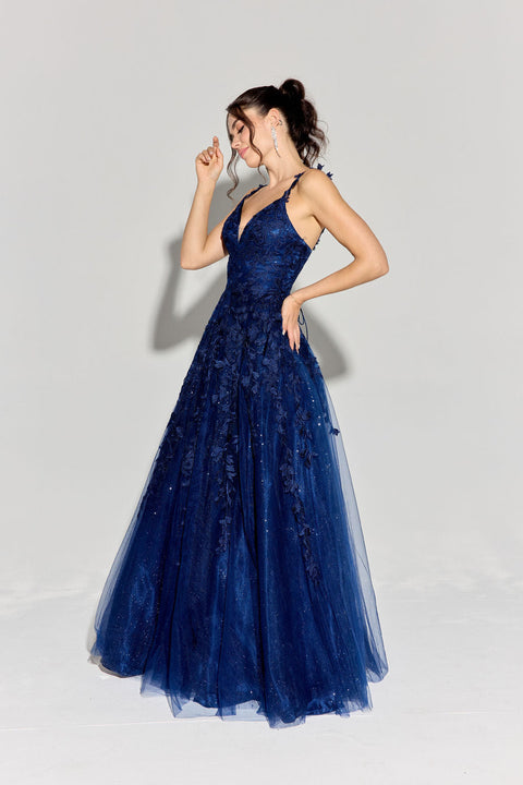Eureka 9858 applique sleeveless a-line gown — NAVY2
