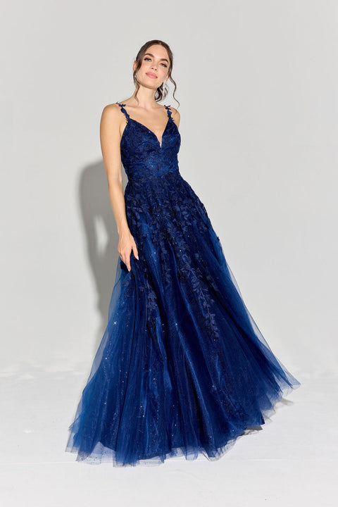 Eureka 9858 applique sleeveless a-line gown — NAVY