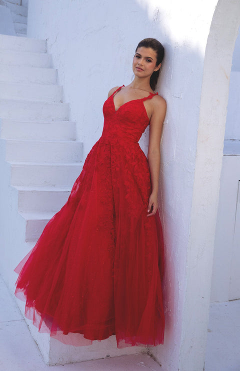 Eureka 9858 applique sleeveless a-line gown — RED