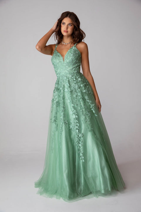 Eureka 9858 applique sleeveless a-line gown — SAGE