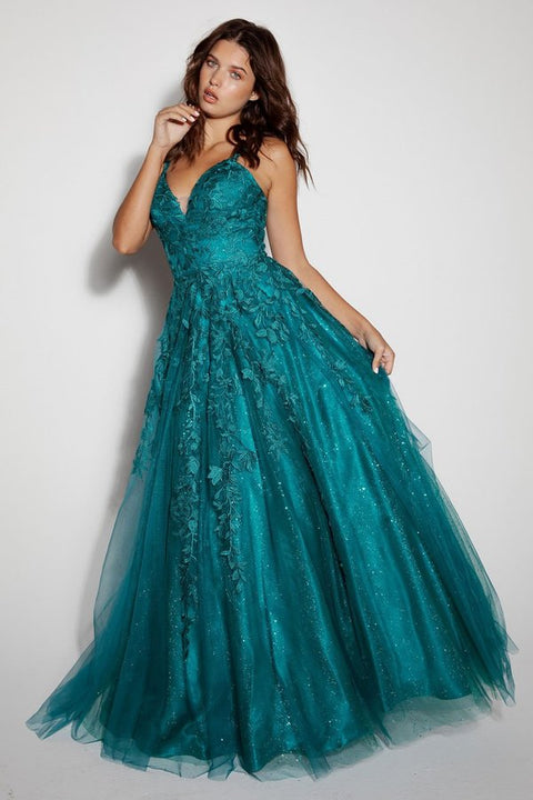 Eureka 9858 applique sleeveless a-line gown — TEAL