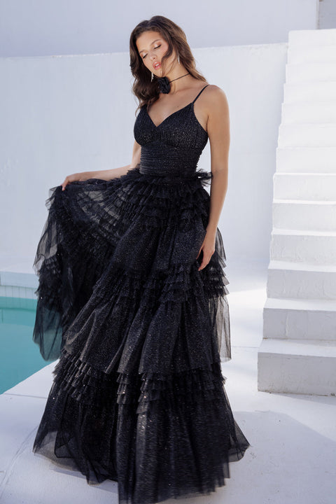 Eureka 9888 tulle sleeveless a-line tiered gown — BLACK1 FASTLOAD
