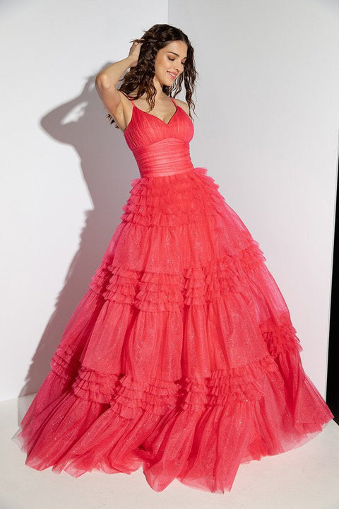 Eureka 9888 tulle sleeveless a-line tiered gown — CORAL2