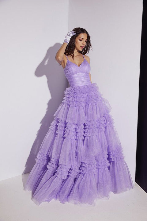 Eureka 9888 tulle sleeveless a-line tiered gown — LILAC2