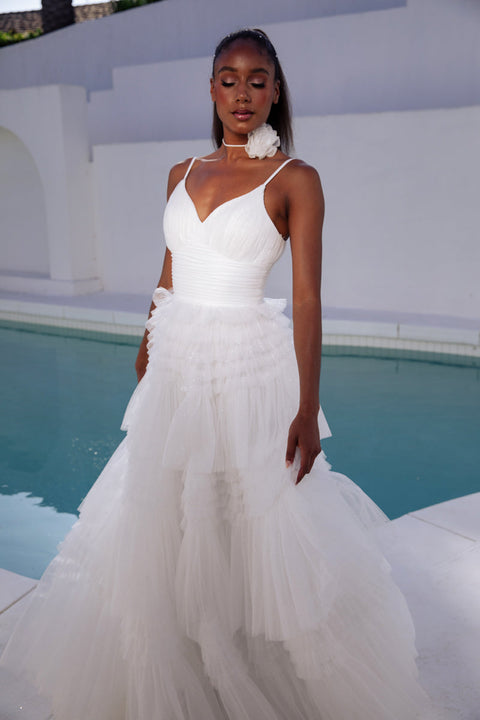 Eureka 9888 tulle sleeveless a-line tiered gown — OFFWHITE FASTWEB