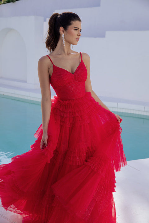 Eureka 9888 tulle sleeveless a-line tiered gown — RED