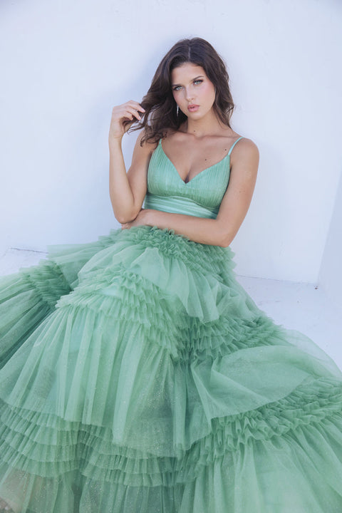 Eureka 9888 tulle sleeveless a-line tiered gown — SAGE
