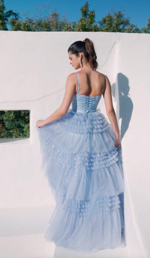 Eureka 9888 tulle sleeveless a-line tiered gown — periwinkle 2