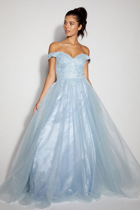 Eureka 9899 applique off shoulder a-line gown — BAHAMABLUE