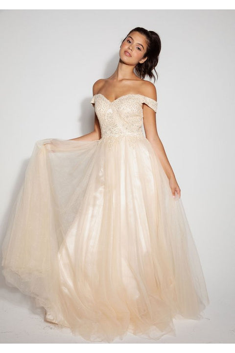 Eureka 9899 applique off shoulder a-line gown — CHAMPAGNE