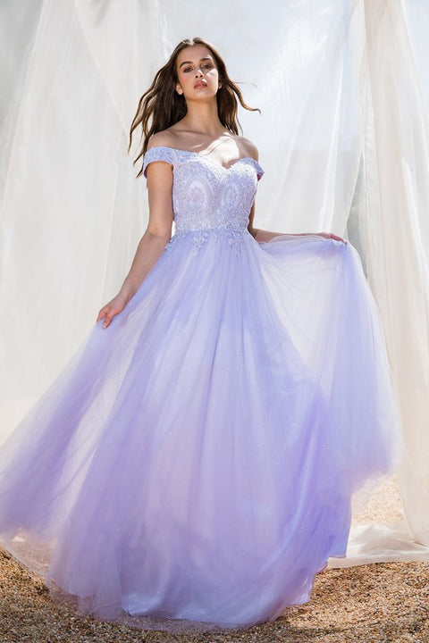 Eureka 9899 applique off shoulder a-line gown — LILAC2