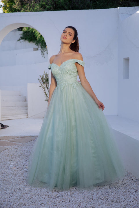 Eureka 9899 applique off shoulder a-line gown — SAGE