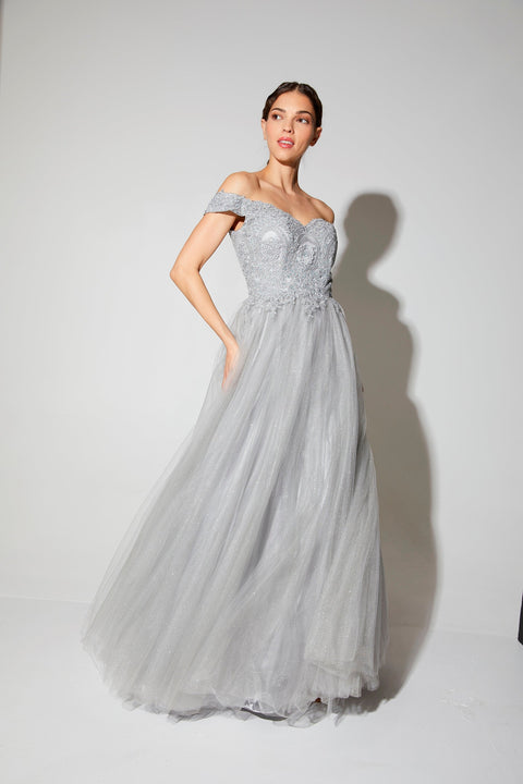 Eureka 9899 applique off shoulder a-line gown — Silver 10
