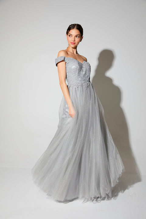 Eureka 9899 applique off shoulder a-line gown — Silver 15