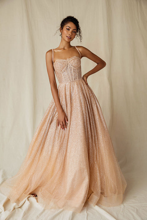 Eureka 9900 glitter sheer corset a-line gown — ROSEGOLD