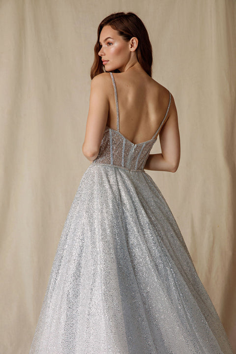Eureka 9900 glitter sheer corset a-line gown — SILVER2