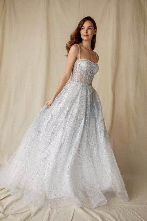Eureka 9900 glitter sheer corset a-line gown — SILVER