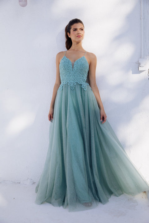Eureka 9901 applique sleeveless a-line gown — SAGE