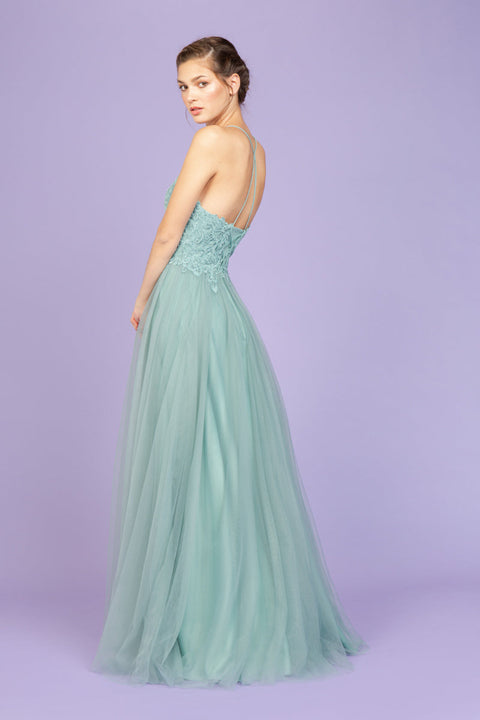 Eureka 9902 applique sleeveless a-line gown — SAGE