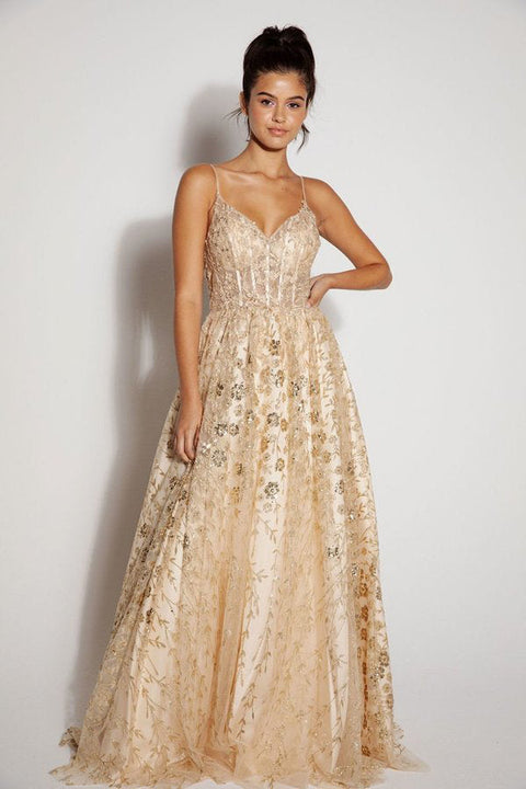 Eureka 9908 glitter print v-neck a-line gown — CHAMPAGNE2