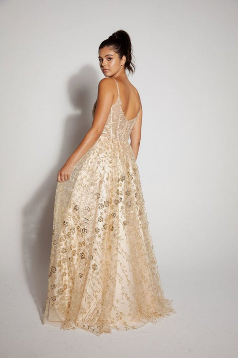 Eureka 9908 glitter print v-neck a-line gown — CHAMPAGNE
