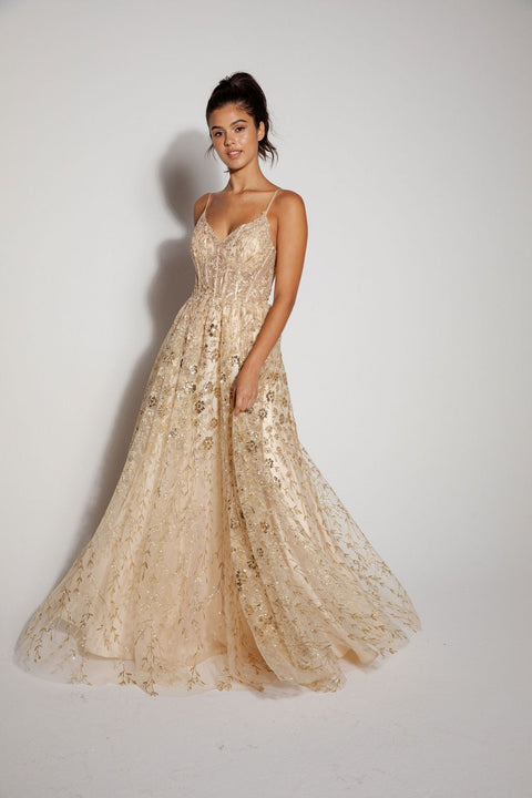 Eureka 9908 glitter print v-neck a-line gown — CHAMP