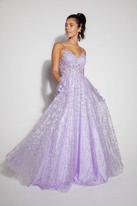 Eureka 9908 glitter print v-neck a-line gown — LILACSILVER2